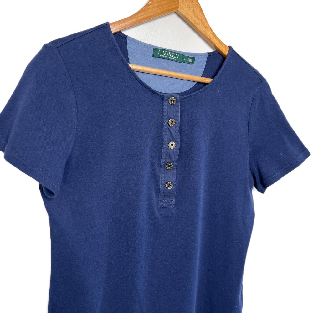 Lauren Ralph Lauren Womens Navy Blue Short Sleeve Henley Casual T Shirt Top L - Picture 7 of 16
